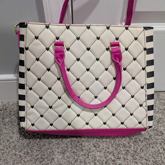 Luv Betsey by Betsey Johnson Pink and Cream Quilted Satchel Bag w/Heart Details - Picture 6 of 13